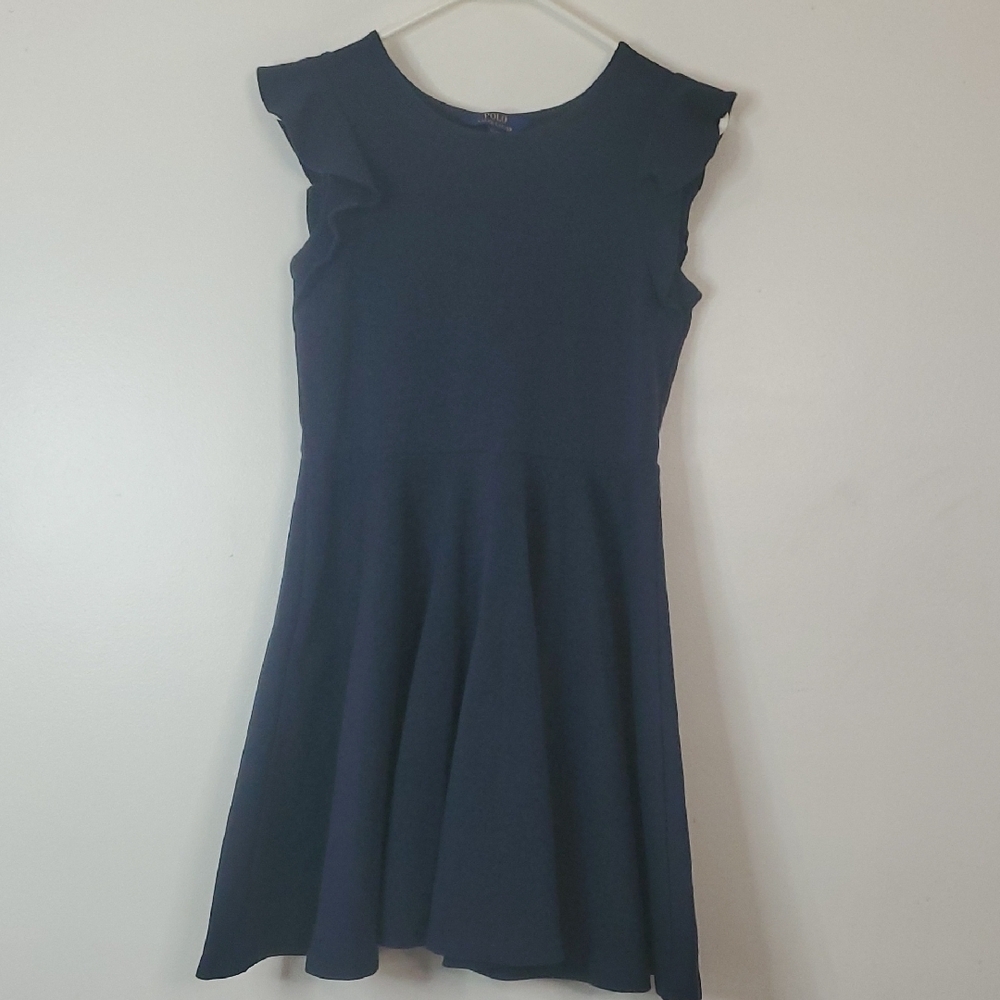 Girls Polo Ralph Lauren Cotton Blend Navy Ruffle Shoulder Dress Size XL 16